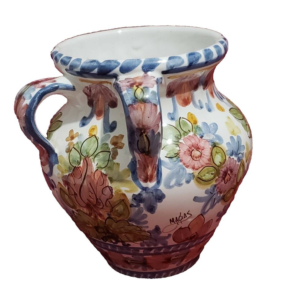 Jur Pitcher Floral Hand painted Signed Macias & Sevillia? 2 Handles on 1 side